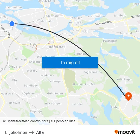 Liljeholmen to Älta map