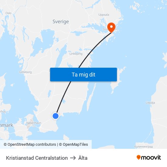 Kristianstad Centralstation to Älta map