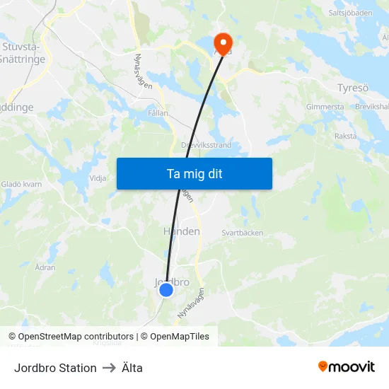 Jordbro Station to Älta map