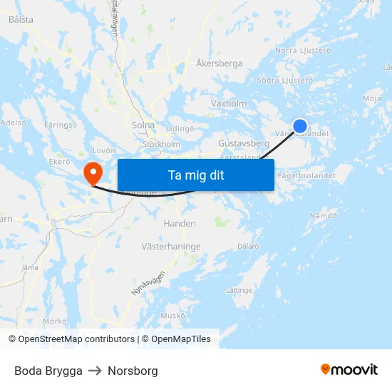 Boda Brygga to Norsborg map