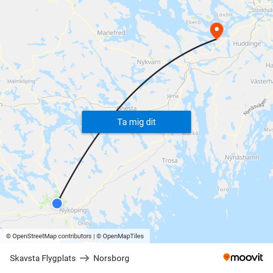 Skavsta Flygplats to Norsborg map