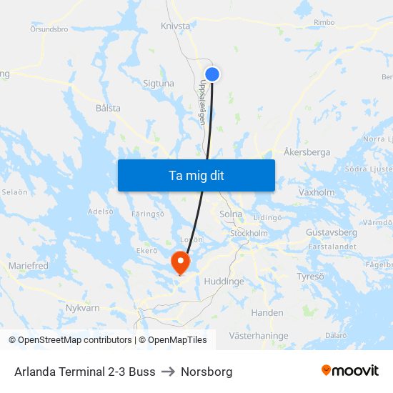 Arlanda Terminal 2-3 Buss to Norsborg map
