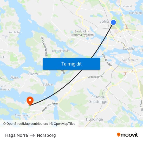 Haga Norra to Norsborg map