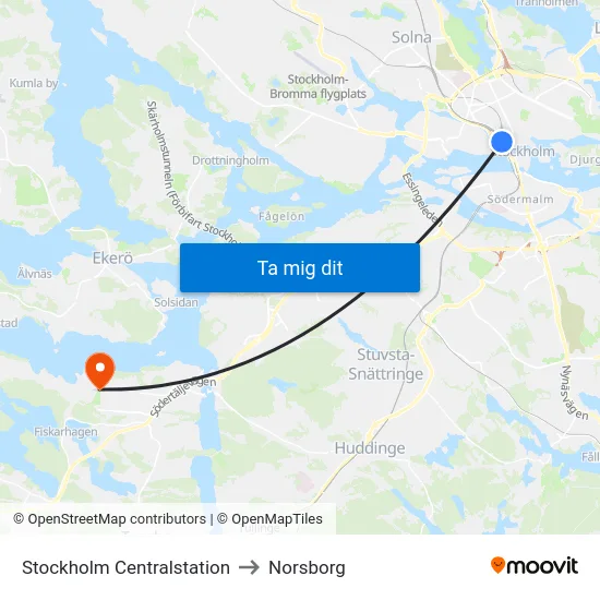 Stockholm Centralstation to Norsborg map