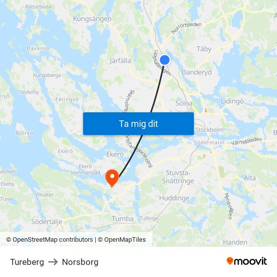 Tureberg to Norsborg map