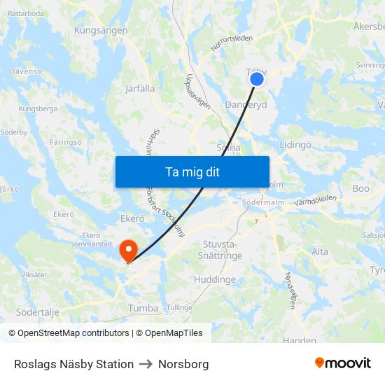 Roslags Näsby Station to Norsborg map