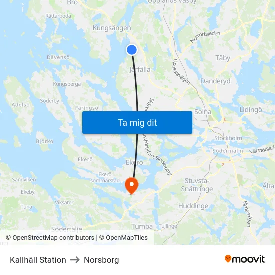 Kallhäll Station to Norsborg map