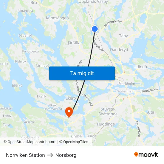 Norrviken Station to Norsborg map
