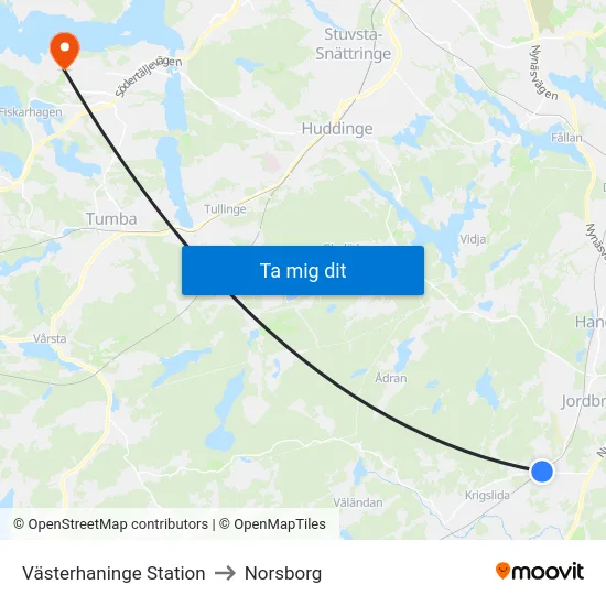 Västerhaninge Station to Norsborg map