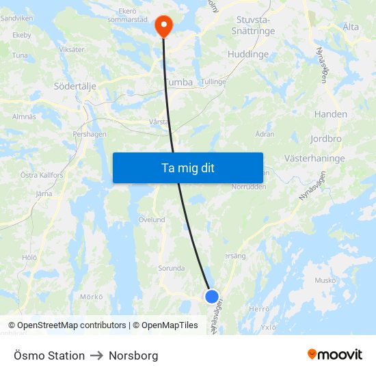 Ösmo Station to Norsborg map