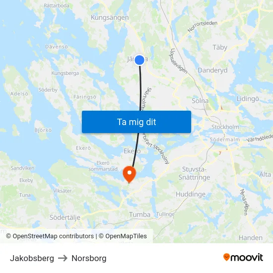 Jakobsberg to Norsborg map