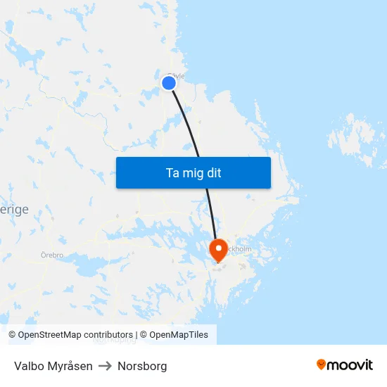 Valbo Myråsen to Norsborg map