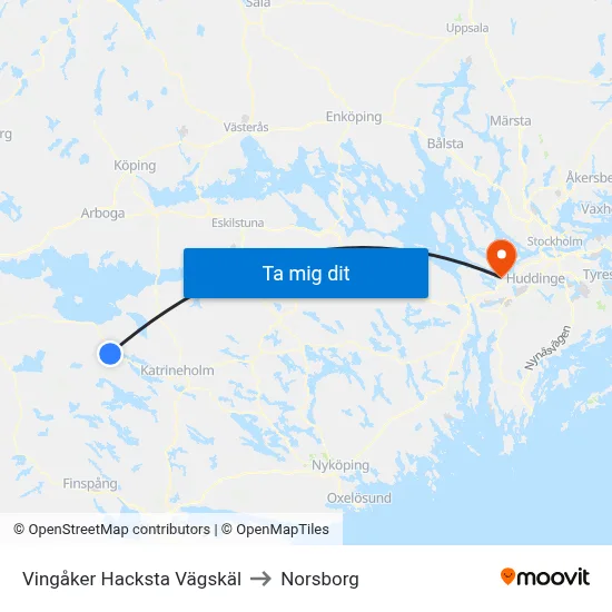 Vingåker Hacksta Vägskäl to Norsborg map