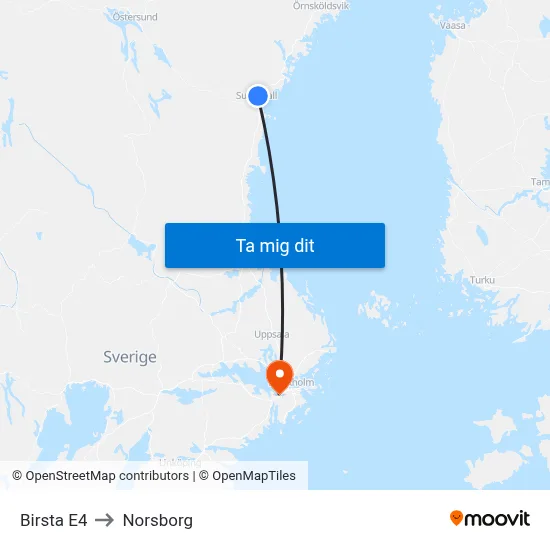 Birsta E4 to Norsborg map