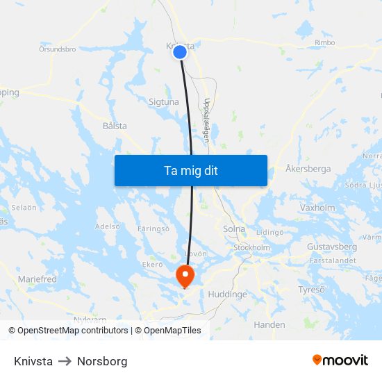 Knivsta to Norsborg map