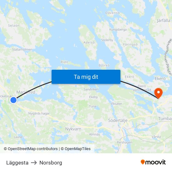 Läggesta to Norsborg map