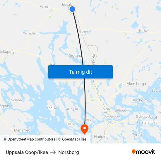 Uppsala Coop/Ikea to Norsborg map