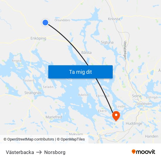 Västerbacka to Norsborg map