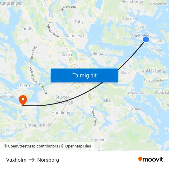 Vaxholm to Norsborg map