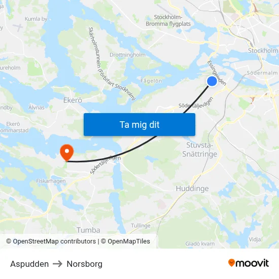 Aspudden to Norsborg map
