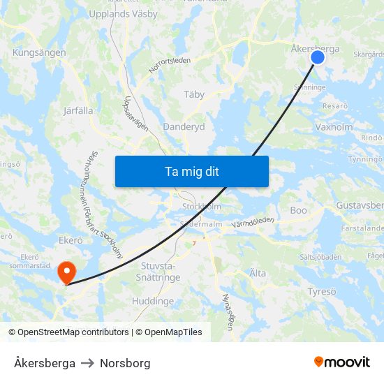 Åkersberga to Norsborg map