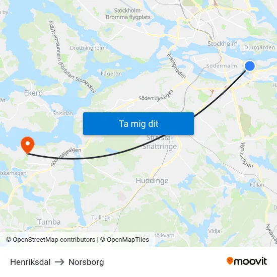 Henriksdal to Norsborg map