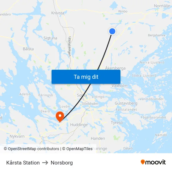 Kårsta Station to Norsborg map