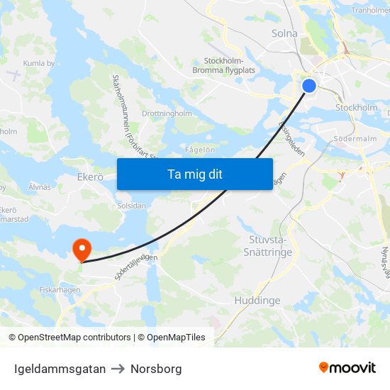 Igeldammsgatan to Norsborg map