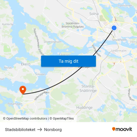 Stadsbiblioteket to Norsborg map