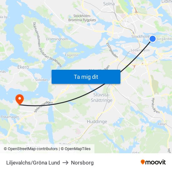 Liljevalchs/Gröna Lund to Norsborg map