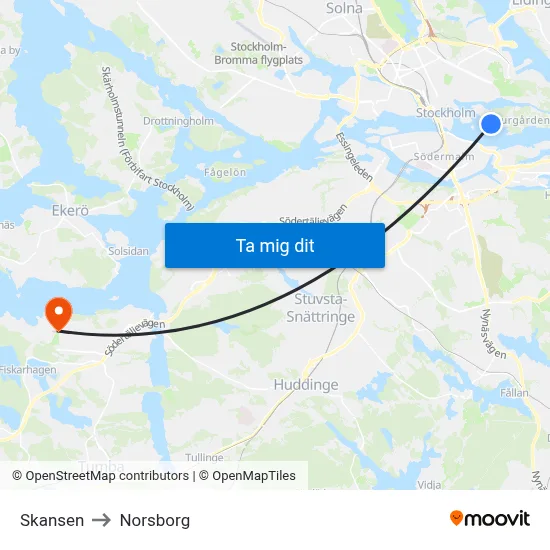 Skansen to Norsborg map