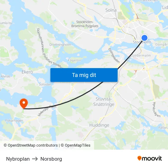 Nybroplan to Norsborg map
