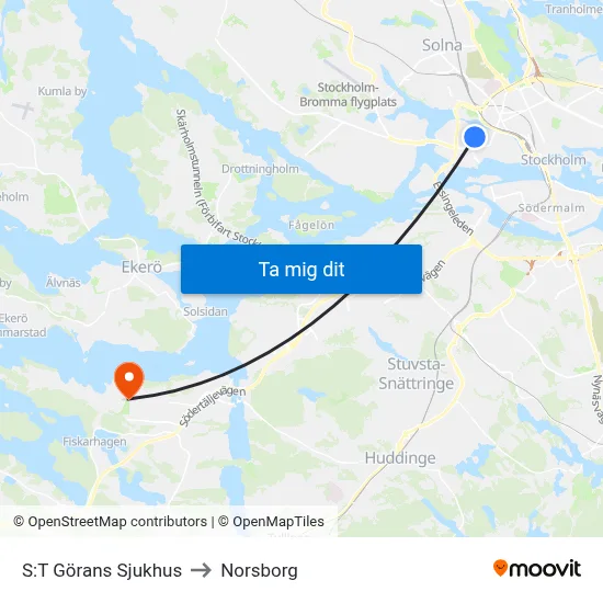 S:T Görans Sjukhus to Norsborg map