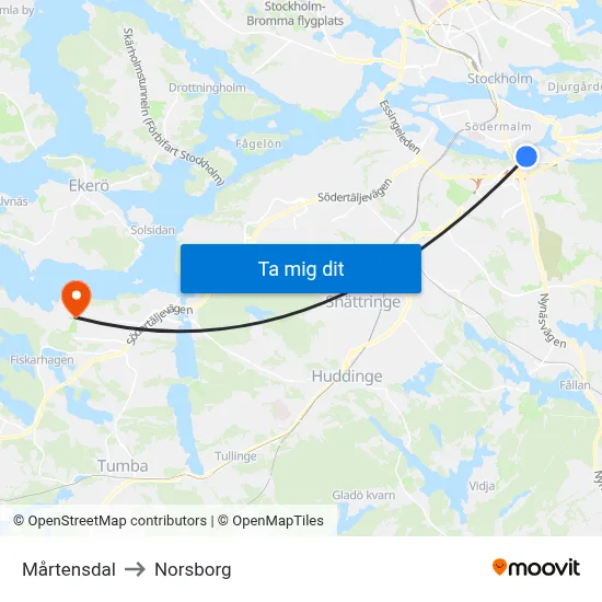 Mårtensdal to Norsborg map