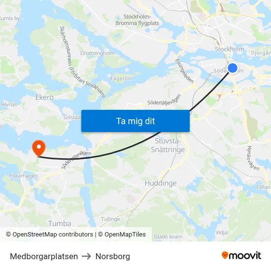 Medborgarplatsen to Norsborg map