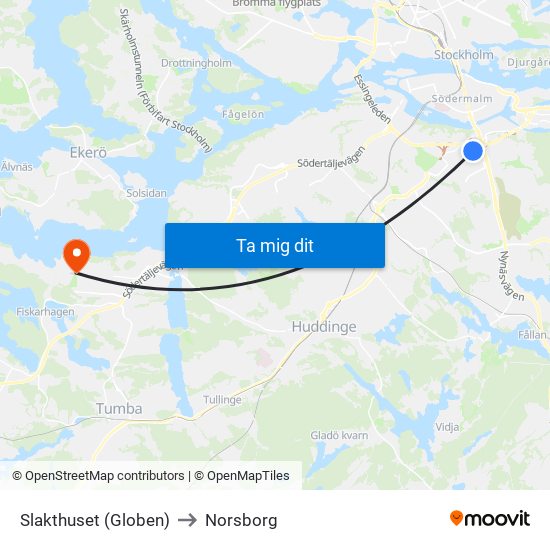 Slakthuset (Globen) to Norsborg map