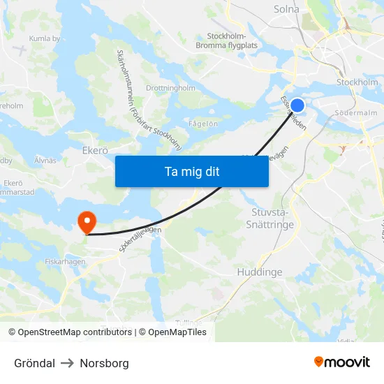 Gröndal to Norsborg map