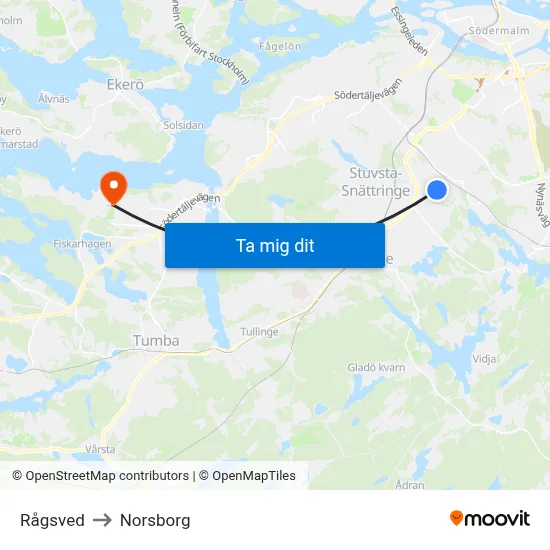 Rågsved to Norsborg map