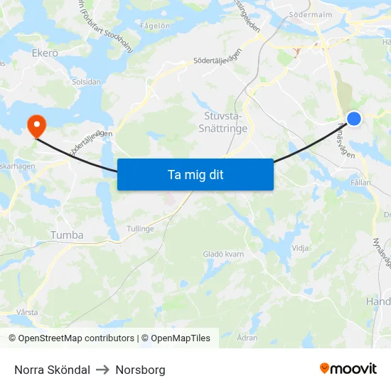 Norra Sköndal to Norsborg map