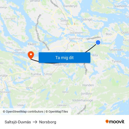 Saltsjö-Duvnäs to Norsborg map