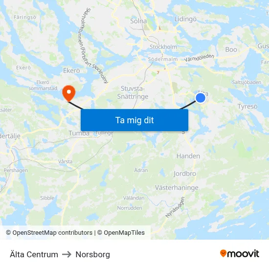 Älta Centrum to Norsborg map