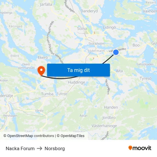 Nacka Forum to Norsborg map