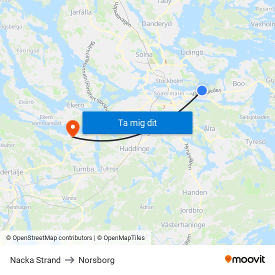 Nacka Strand to Norsborg map