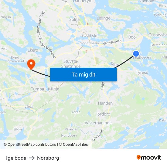 Igelboda to Norsborg map