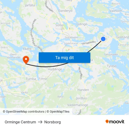 Orminge Centrum to Norsborg map