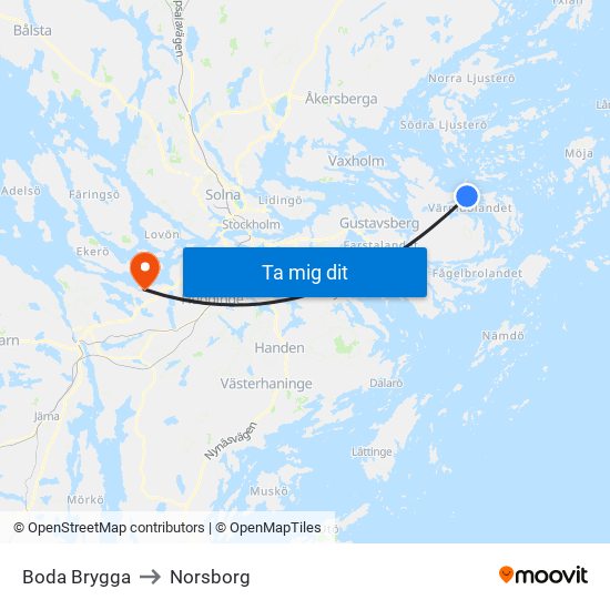 Boda Brygga to Norsborg map