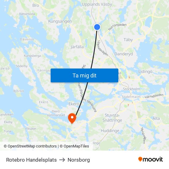 Rotebro Handelsplats to Norsborg map