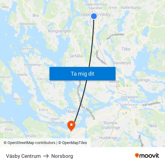 Väsby Centrum to Norsborg map