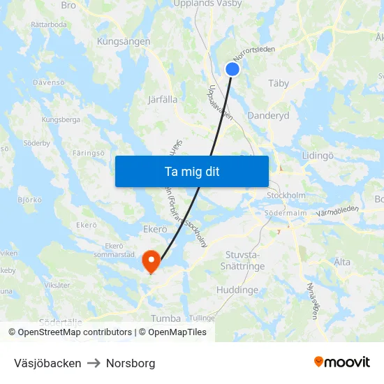 Väsjöbacken to Norsborg map