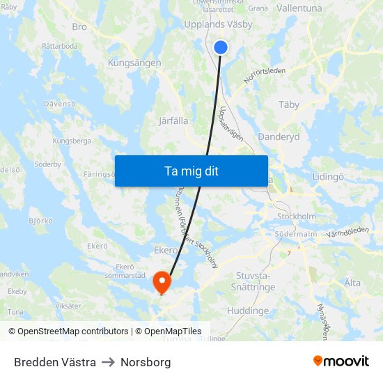 Bredden Västra to Norsborg map